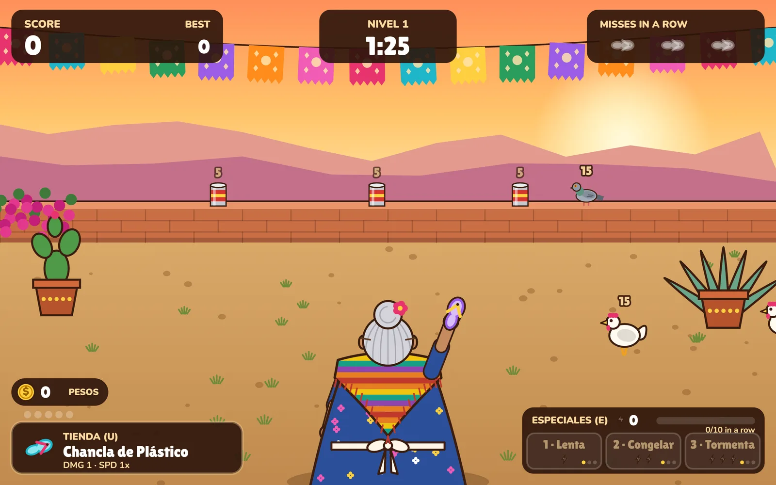 Gameplay: Abuela in her rebozo aims a chancla at cans, a pigeon and chickens in a sunset courtyard