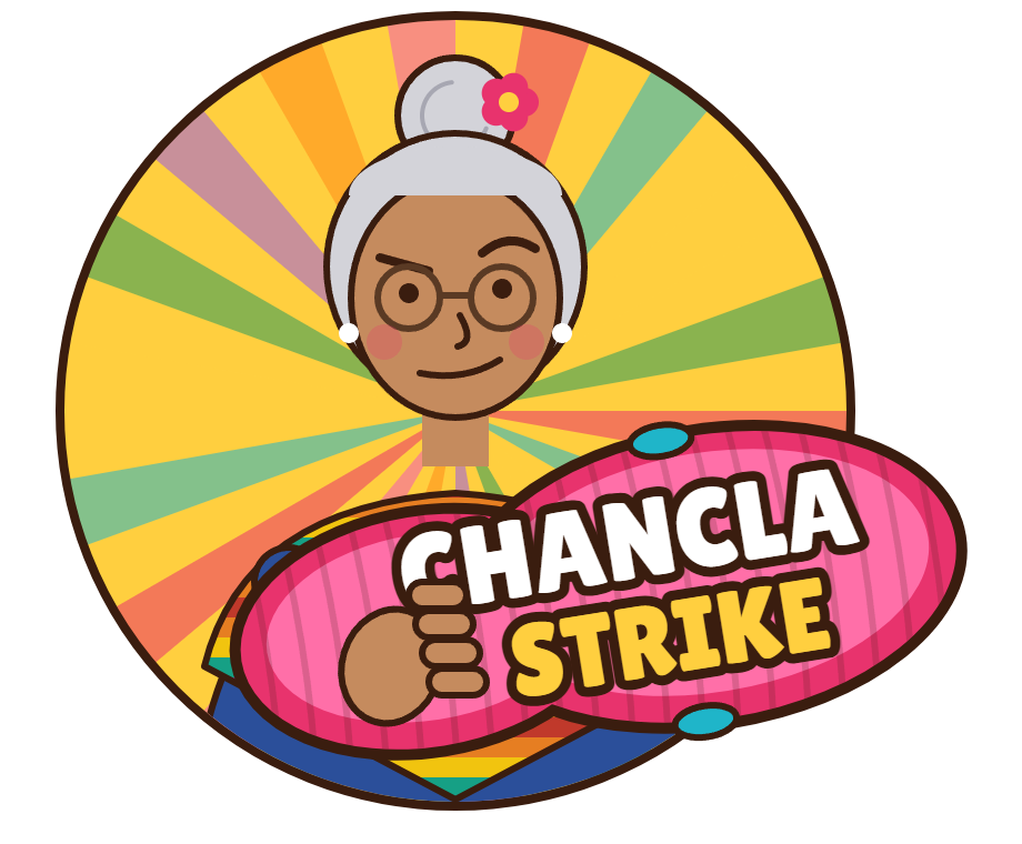 Abuela holding a giant pink chancla that reads Chancla Strike